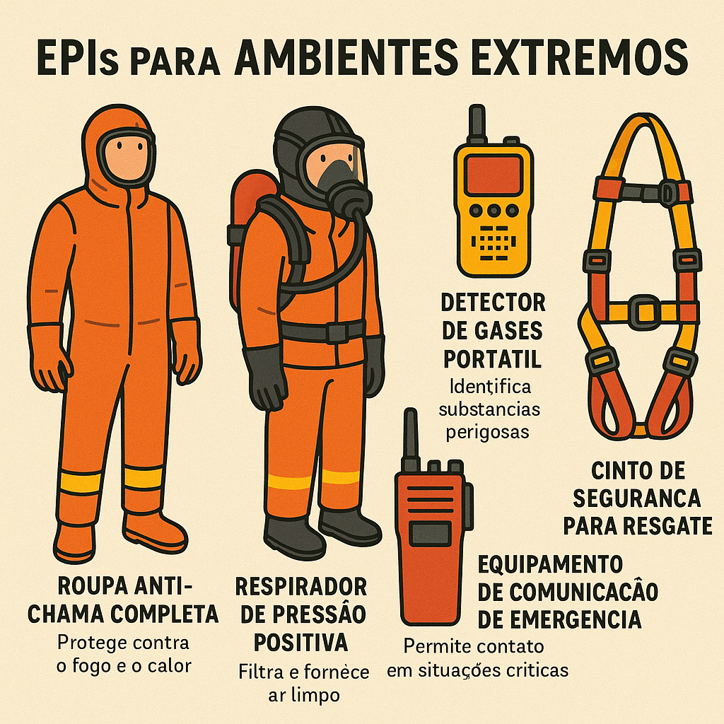 Equipamentos proteção individual ambientes extremos - roupa anti-chama respirador pressão positiva detector gases comunicação emergência