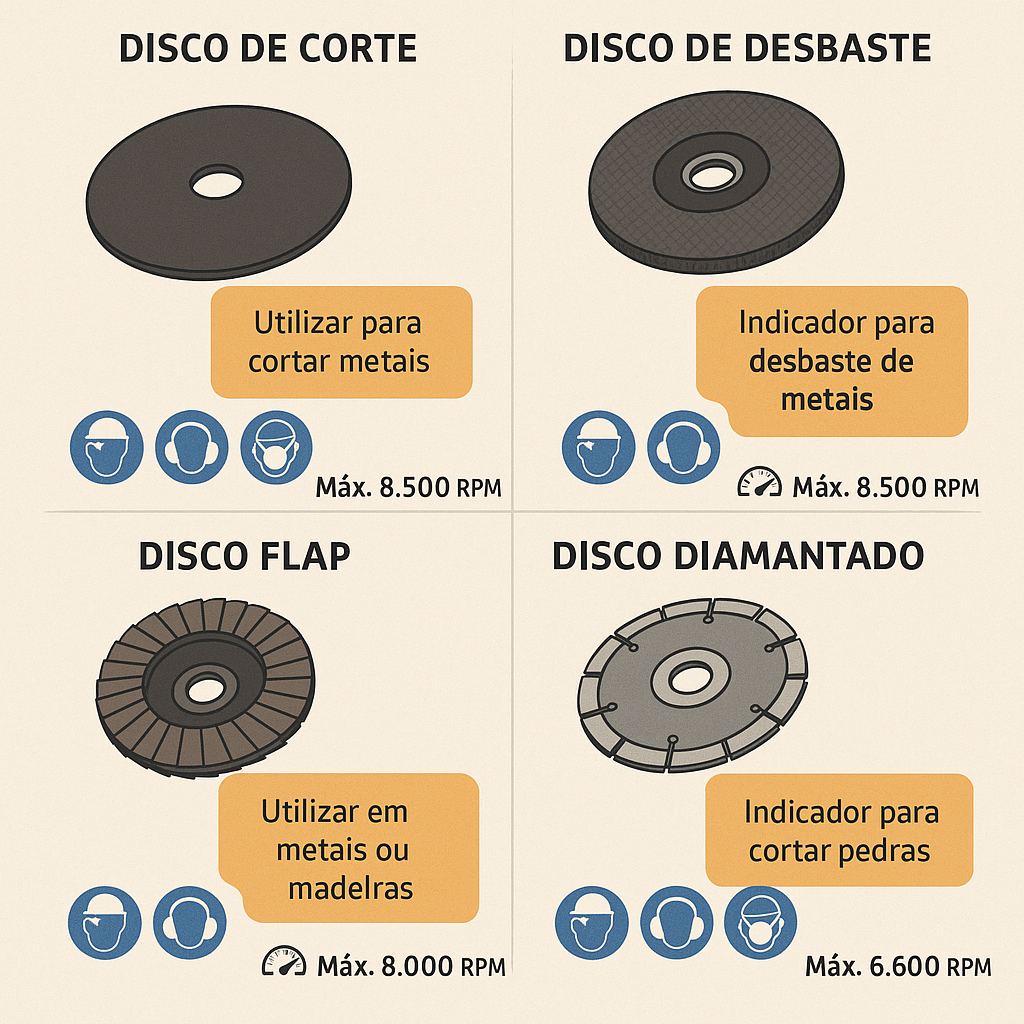 tipos discos abrasivos corte desbaste flap diamantado RPM velocidade máxima EPIs aplicações materiais